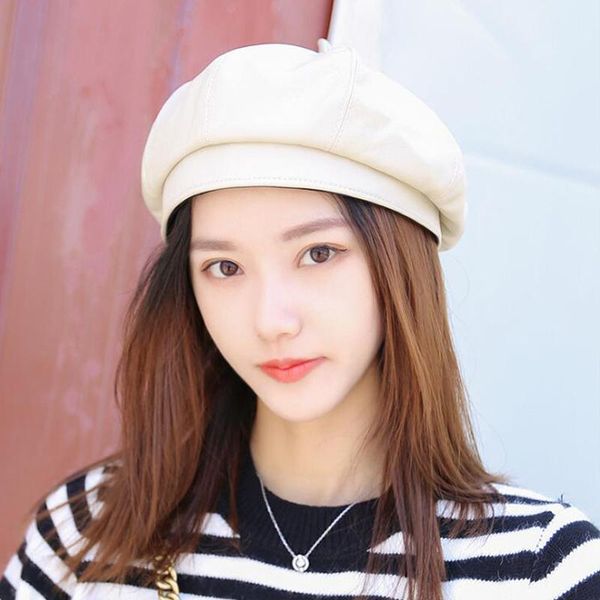 

stingy brim hats tianyin women's autumn and winter korean leather beret japanese minimalist painter hat tide outdoor art male octagonal, Blue;gray