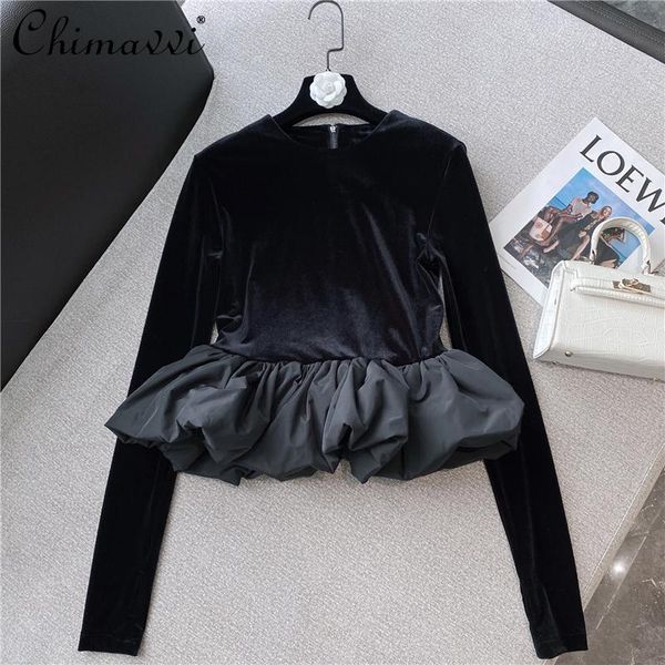 

women's blouses & shirts 2021 autumn winter clothing french elegant vintage clouds lace bottoming shirt long sleeve round neck velvet t, White