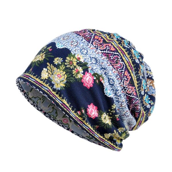 

women vintage flower print sun block muslim cap stretch turban hat head scarf wide brim hats, Blue;gray