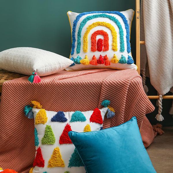 

cushion/decorative pillow rainbow colorful striped tufted case boho morocco tassels sofa decorative cushion cover for home bedroom