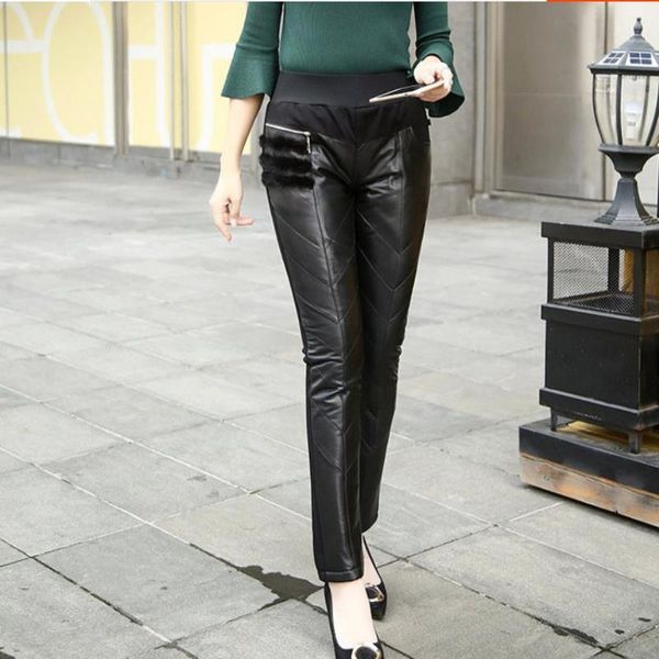 

women's pants & capris winter fashion thick genuine leather high waist casual sheep skin trousers female black stretch pencil f517, Black;white
