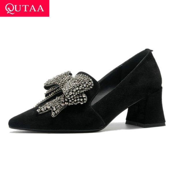 

dress shoes qutaa 2021 crystal butterfly-knot slip on square heel women pumps kid suede pointed toe spring single size 34-42, Black