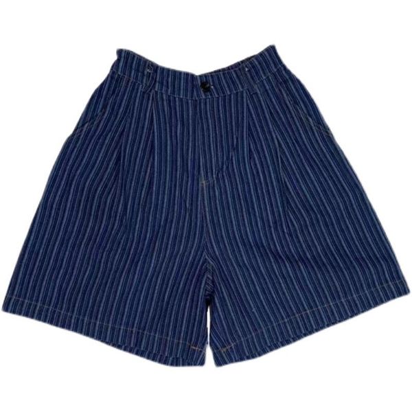 

women's jeans summer korean retro striped loose casual straight wide-leg denim shorts women, Blue
