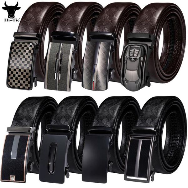 

belts hi-tie mens black brown real leather straps automatic buckles men belt adjustable waistband for dress jeans business gift