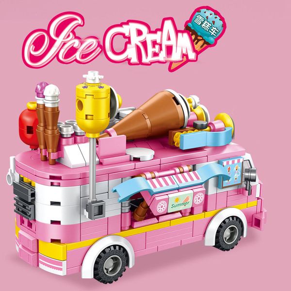

12 in 1 ice cream car friends building blocks girls gift pink city vehicle food truck model blocks toys for kids