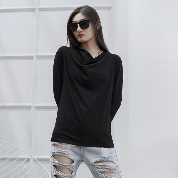 

women's t-shirt base coat lazy long sleeve female dark black boyfriend wind spring summer pile collar large street versatile trend, White