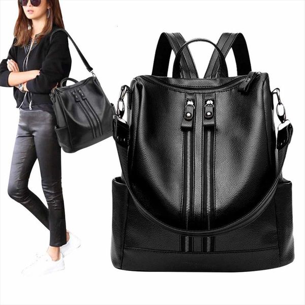 

women backpack pu leather waterproof black school bag double zip travel shoulder for female backpacks