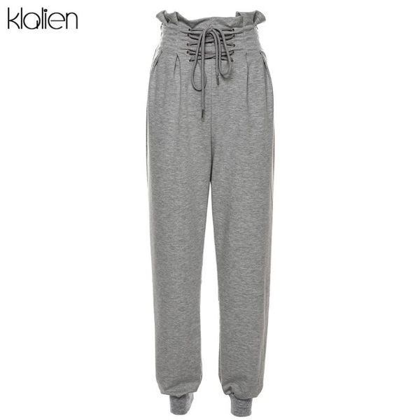 

women's pants & capris klalien full length harem pant high waist with drawstring ruffle sweatpants trousers 2021 autumn women fitness c, Black;white