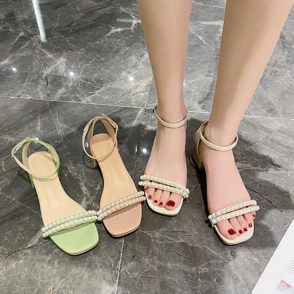 

buckle strap 2021 summer med pearl sandals comfort shoes for women clear heels suit female beige all-match medium girls fashion, Black