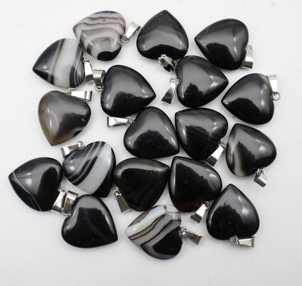 

whole 20mm 24pcs natural stone black stripe onyx agates heart pendants for diy jewelry making necklace pendant accessories, Bronze;silver