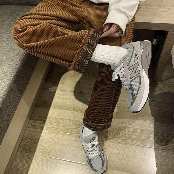 

loose men's corduroy pants stright thick warm autumn winter casual quality solid color preppy style male trousers, Black