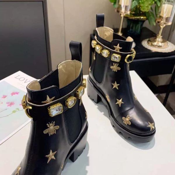 

fashion womens designer boots classic desert boot flamingos love arrow 100% real leather ankle booties martin women shoes removable crystal, Black