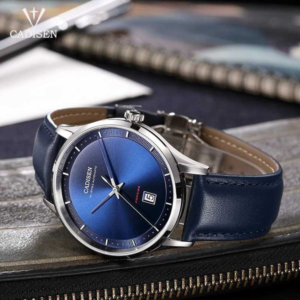 

brand cadisen men's mechanical watch luxury sapphire mirror automatic genuine leather watches sports waterproof nh35a clock wristwatche, Slivery;brown