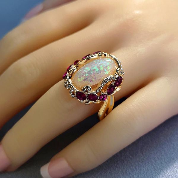 

wedding rings luxury female white oval opal ring vintage gold color engagement charm zircon stone for women, Slivery;golden