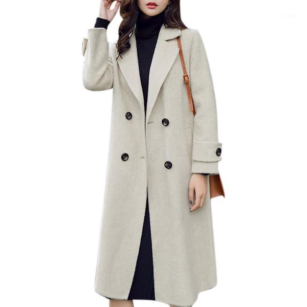 

women's wool & blends solid elegant office lady winter wools coats turn-down neck mid-length loose overcoat double breasted pockets wom, Black
