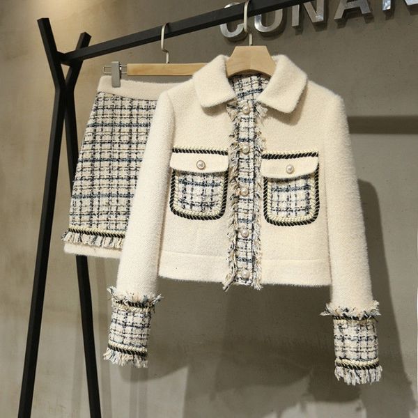 

skirt est autumn winter woolen two women outfits patchwork tweed tassels jacket coat + plaid mini 2 piece set 46zy, Black