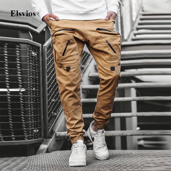 

men's pants vintage high street pocket cargo for men 2021 spring autumn fashion slim sweat trousers solid male casual zip track go, Black