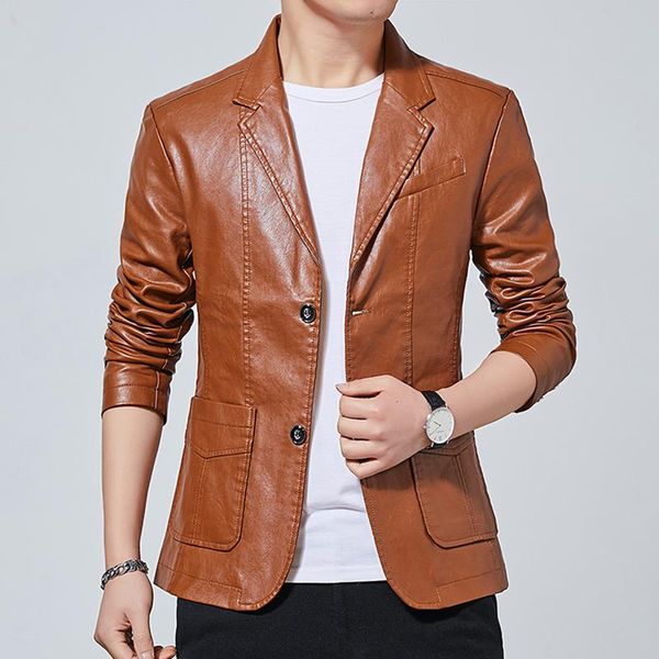 

men's suits & blazers faux leather coat blazer men business suit jackets male slim fit solid two buttons black windbreakers casual homb, White;black