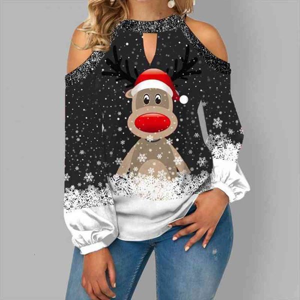 

christmas print casual blouse off shoulder women blouse autumn halter hollow out long sleeve pullover streetwear, White;black