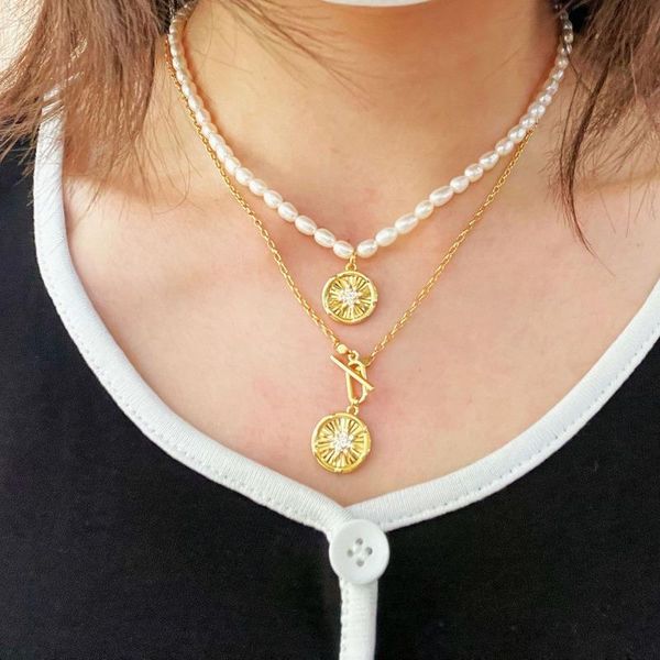 

pendant necklaces geometric circular simple star inlaid zircon natural pearl necklace ot buckle, Silver