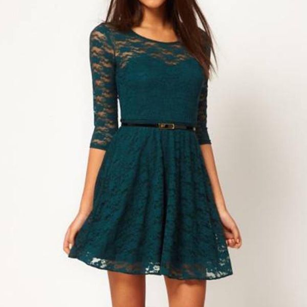 

fashion sweet ladies dressing dresses women lace mid sleeve ball party dress clubwear casual, Black;gray