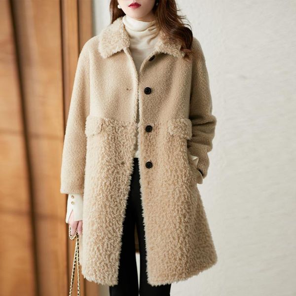 

women's wool & blends woolen overcoat women fur coat mid-length 2021 winter lamb korean female warm outwear manteau laine femme, Black