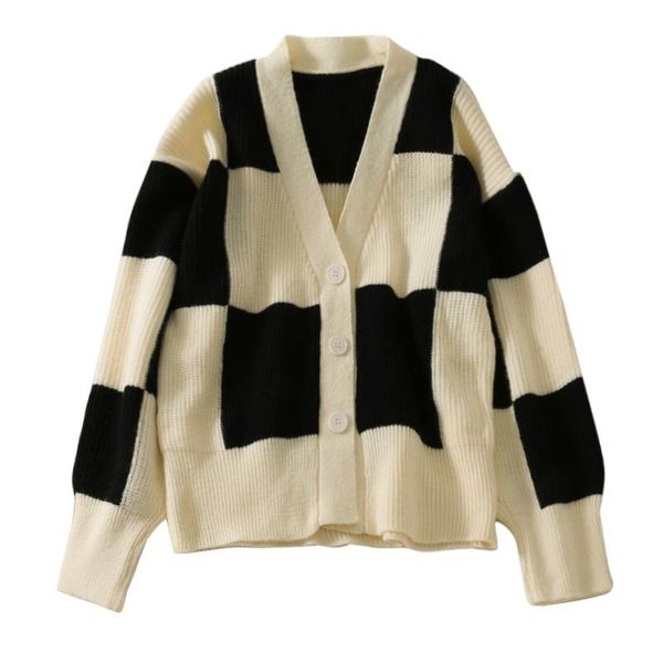

women's knits & tees women fashion big plaid print buttons loose knitted cardigan sweater vintage long sleeve pockets female outerwear, White