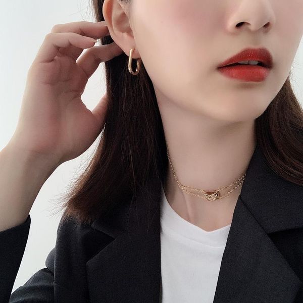 

hoop & huggie 925 sterling silver earrings cold wind retro geometric oval ring circle ear buckle gold-plated, Golden;silver
