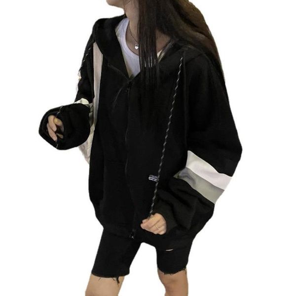 

women's hoodies & sweatshirts korean version autumn oversized hoodie loose sweater design tracksuit striped hooded jackets 2021, Black