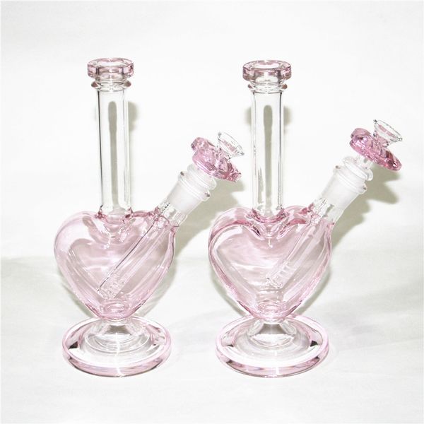 9 -Zoll -schöne herzförmige Glas Bong Wasserleitungen Shisha 14mm weibliche Gelenksrauchpfeife DAB Rig mit rosa Liebe trockener Kräuterschalen Quarz Knaller Nägel