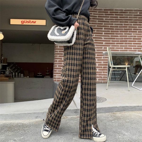 

autumn winter women's plaid pants loose high waist slimming retro slit straight tube wide-leg leisure & capris, Black;white