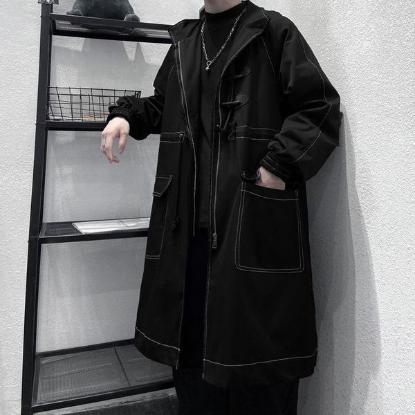 

men's trench coats 2021 autumn jacke long coat oversized solid color windbreaker big pocket fashion overcoat, Tan;black