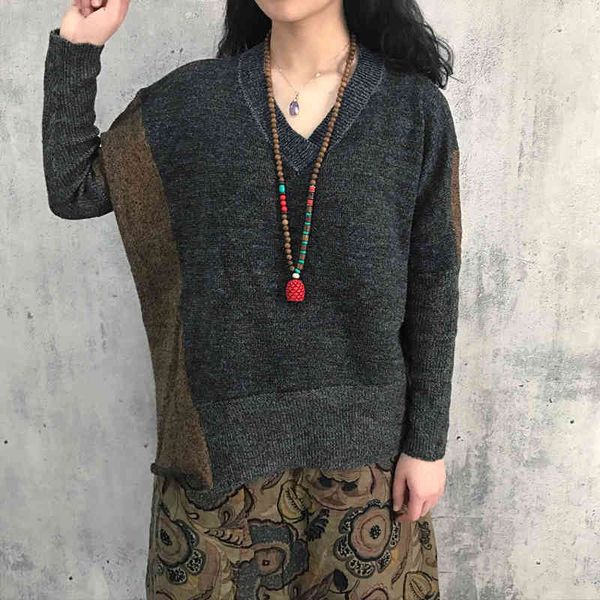 

women's long sved v-neck loose sweater, casual, retro, bat sve, woven, warm, autumn 2021, White;black