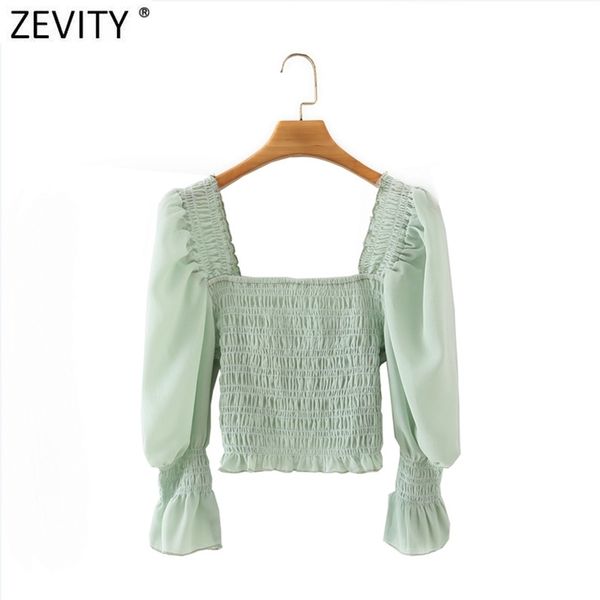 

french style women vintage square collar elastic slim short smock blouse female puff sleeve shirt chic blusas ls9155 210420, White