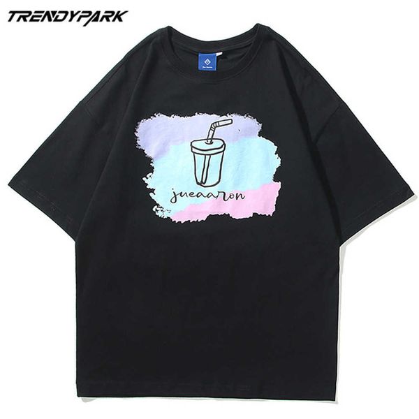 

men's t-shirt milk tea printed summer short sleeve oversized cotton casual harajuku streetwear tshirts men clothing 210601, White;black