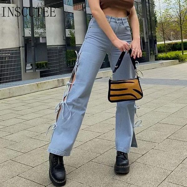 

women's jeans insuctee harajuku grunge vintage women aesthetic y2k hollwo out lace up straight pants streetwear summer casual trousers, Blue