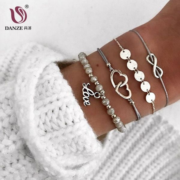 

charm bracelets danze 4pcs/set love pandent double heart beaded cuff for women boho simple multilayer wax line wrist bracelet pulseras, Golden;silver