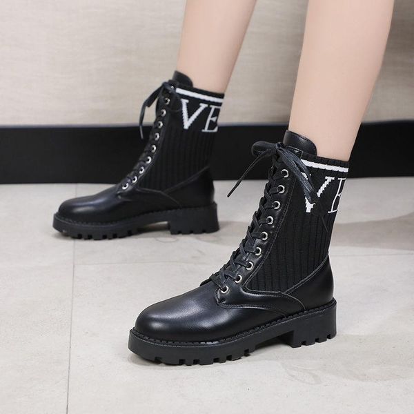 

boots 2021 autumn high women flat fashion lace up ladies casual zapatos de mujer, Black