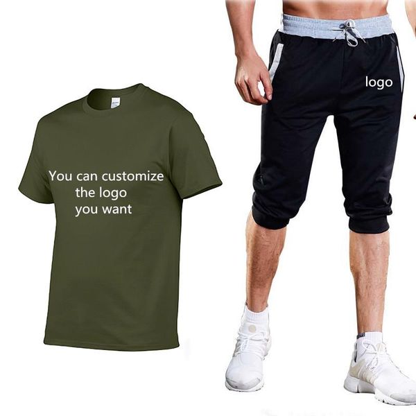 

men's t-shirts 2021spring autumn short sleeve solid color custom logo car print cotton harajuku t-shirt+shorts suit, White;black