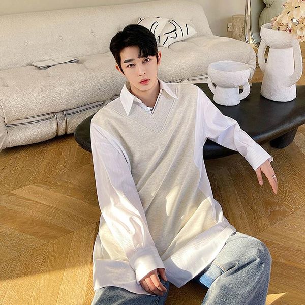 

men's loose patchwork stripe shirt long sleeve pullover sweatshirt harajuku korean streetwear for man hoodies & sweatshirts, Black