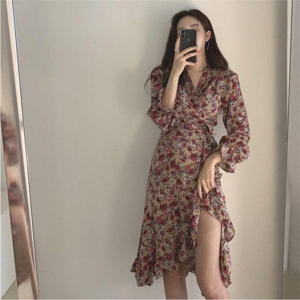 

casual dresses alien kitty korea chic slim 2021 sweet print floral brief v-neck loose slimming ruffles high street regular, Black;gray