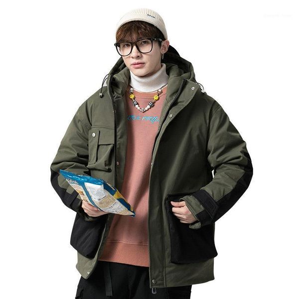 

winter men's white down jacket color matching hooded & parkas, Black