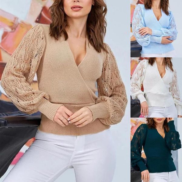 

women's sweaters autumn ladies knitted slim sweater cross deep v neck solid color hollow lantern long slleve female pullover, White;black