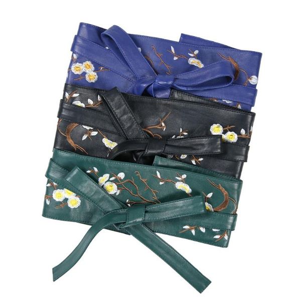 

belts sheep skin women wide knot embriodery waist cummerbunds, Black;brown