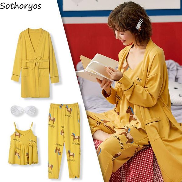 

women's sleepwear robe sets women spring print loose sweet spaghetti strap female straight elastic waist trousers simple bathrobe, Black;red