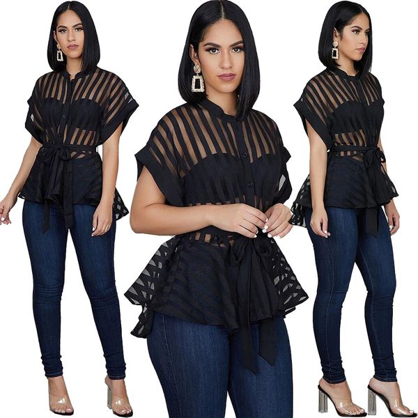 

arrivals black stripes mesh women blouse crew neck short sleeves nightclub with sash slim fashion t shirts summer autumn, White