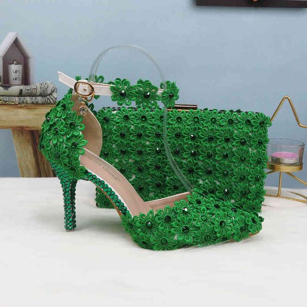 

slippers green lace flower wedding shoe and bag set pearl heels pointed toe ankle strap ladies party shoe with matching bag lace-u, Black