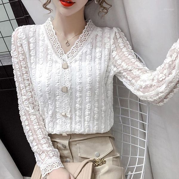 

blouses & shirts spring autumn style lace blouse shirt women's elegant solid color long sleeve button v-neck casual sp9721 yd4a, White