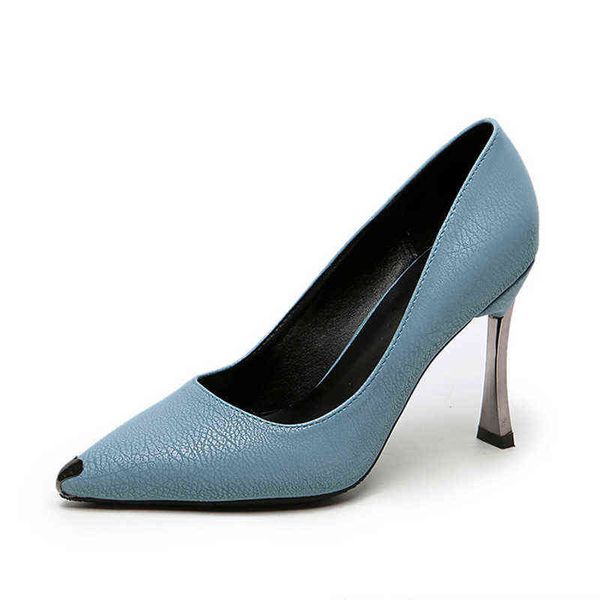 Металл заостренный носок ступеньки высокие женщины кожаные женские платья скольжения на обувь Zapatos de mujer покрытые серебряные каблуки насосы 220315