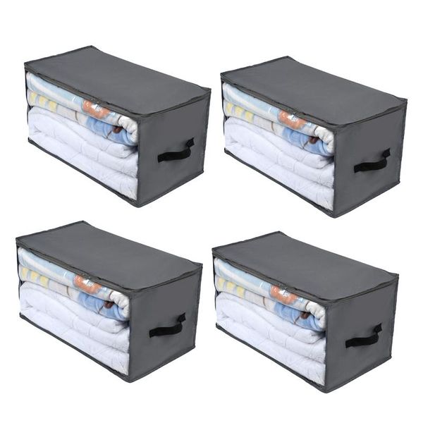 

storage bags 4 pack clothes with handle for comforters, blankets, bedding, foldable zipper,clear window,gray